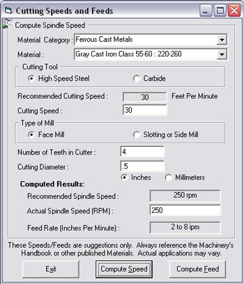 Speeds and Feeds Calculator Dialog Box
